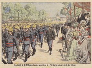 Stor parade af 20.000 brandmænd gennem Jardin des Tuileries i Paris (farvelitografi) af French School