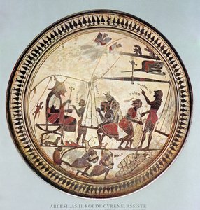 Græsk kop forestillende Arcesilas II, kongen af Cyrene (ca. 560-550 f.Kr.), der ser vejning og lastning af silphium, kopi af en original fra det 6. århundrede f.Kr. af French School