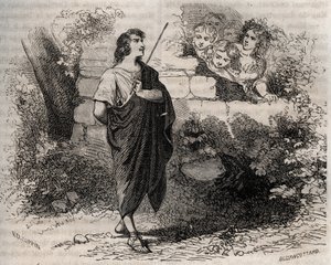 Græsk mytologi: Bacchis og hans venner forsøger at forføre Gyges, der nægter og forbliver tro mod sin afdøde kone. Indgravering fra 1871 i "Histoire Des Cocuses Celebres"" af Henry de Kock (1819-1892). af French School