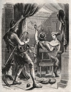 Græsk mytologi: "" Dette råb blev lavet af Paris"". Paris overrasker Helene med Peritanus. Indgravering fra 1871 i "Histoire Des Cocuses Celebres"" af Henry de Kock (1819-1892). af French School