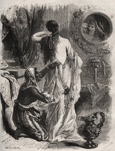 Græsk mytologi: kongen af Lydie Candaule (eller Caudale) viser sin kone nøgen for sin fortrolige Gyges, gemmer sig i skyggerne, når hun lukker op i soveværelset. Indgravering fra 1871 i "Histoire Des Cocus Celebres"" af Henry de Kock (1819-1892). af French School