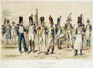Grenadierer en fod af den kejserlige garde af Napoleon I (mellem 1804 og 1814). 1800-tals gravering. Paris, dekorativ kunst af French School