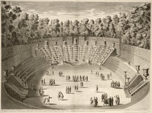 Grove of the Salle du Bal, Versailles, fra planer, profiler og højder af byerne og paladserne i Versailles, indgraveret af Lucas, udgivet ca. 1715 af French School