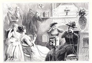 Gæster på et hotel i Paris, der lytter til direkte relæer til opera- eller teaterforestillinger på Marinovichs og Szarvas Theatrophone, fra La Nature, udgivet 1892 af French School