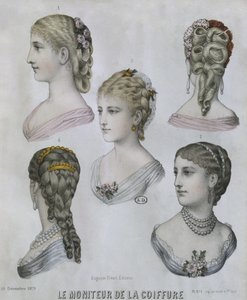Frisurer, illustration fra Le Moniteur de la Coiffure, 10. december 1879 (farvegravering) af French School