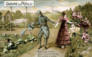 Behårede frø: I dette dejlige gulv Mens vi går, her skal du! hvordan min kære vi får et barn - Postkort ved fødslen, v. 1914 af French School