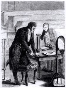 Hans Christian Ørsted (1777-1851) opdagede magnetnålens afvigelse ved lukket strøm i 1820, fra Les Merveilles de la Science af Louis Figuier (1819-94), 1867 af French School