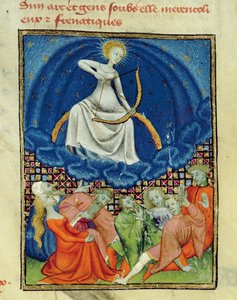 Harl 4431 f.101 Diana og hendes tilhængere, galninge (Månetilbedere), parisisk kopi, c.1410-15 af French School