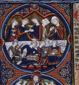 Harley 1527 fol.36v Banket med musikere, fra 