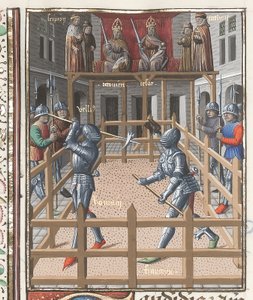 Harley 4375 f.171v, To riddere, der kæmper med med pollaxes, fra 