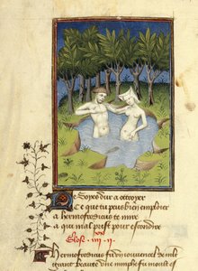 Harley MS 4431, f.132v, Miniature af Hermaphroditus og nymfen Salmacis badende i en sø, fra 