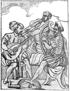 Harpe- og lutspillere (Cythara og Testudo) i det 16. århundrede. I "" Den maleriske butik"" 1836 af French School