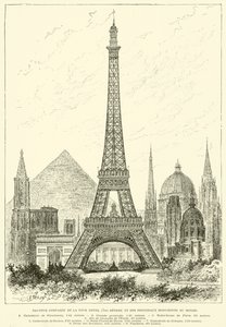 Sammenlignet højde af Eiffeltårnet (300 meter) og verdens vigtigste monumenter (gravering) af French School