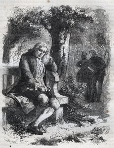 Han hørte hvisken af et kys." Den schweiziske filosof Jean Jacques (Jean-Jacques) Rousseau (1712-1778) overrasker sin kammerat Marie-Therese (Marie Therese) Le Vasseur (Levasseur) (1721-1801) i fuldt utroskab. Stik fra 1871 i “Histoire Des Cocuses af French School