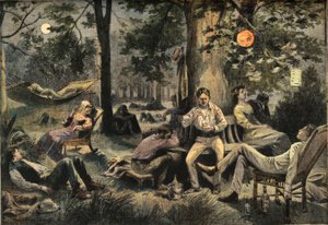 Varme i New York: beboere slår lejr i parkerne, fra avisen "Le Petit Parisien", den 26/07/1908 (gravering) af French School