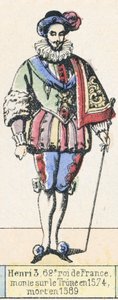 Henri 3, 62. konge af Frankrig, besteg tronen i 1574, døde i 1589 (farvegravering) af French School