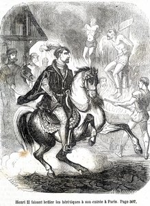 Henri II (1519 - 1559) fik kætterne til at brænde ved sin indgang til Paris - i "Histoire de France" af L.-P. Anquetil af French School