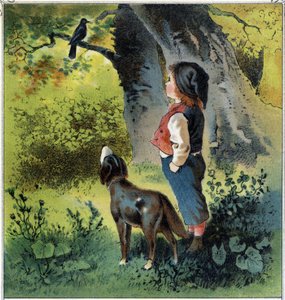 Henri observerer en solsort på en gren i skoven og vender tilbage til sit liv, hvis han var en fugl. Kromolitografi fra "" Childhood Scenes"" udg. Guerin - Muller omkring 1885. af French School