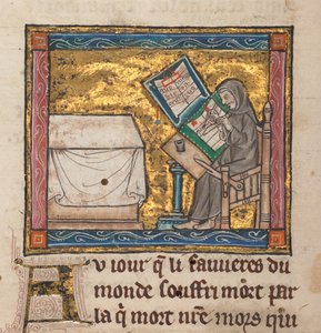Eremit skriver ved et skrivebord, miniature fra "Estoire del Saint Graal, La Queste del Saint Graal, Morte Artu", ca. 1315-25 (blæk på pergament) af French School