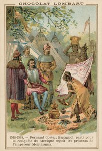 Hernan Cortes, spansk conquistador, modtager gaver fra den aztekiske kejser Montezuma, Mexico, 1518-1519