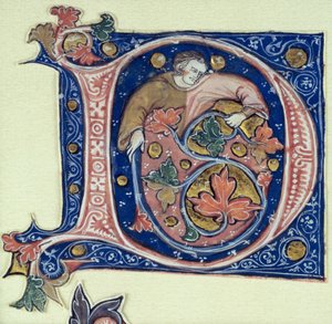Historik initial D, der forestiller en mand, der holder en vinstok af French School