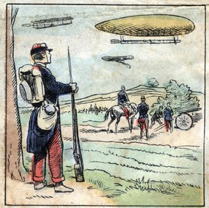 Aluminiums historie. Konstruktion af flydele og flyballoner lavet af aluminium, hvis lette vægt gør det lettere at flyve. Epinal billeddannelse, slutningen af det 19. århundrede. Privee Samling. af French School