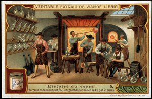 Glasets historie: Boheme-glasværket i Saint Georgenthal blev grundlagt i 1442 af P. Berka. Liebig-kromolitografi fra slutningen af det 19. århundrede. af French School