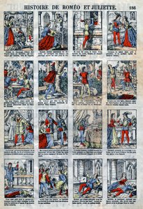 Romeo og Julies historie efter William Shakespeares skuespil (1564-1616). Epinal billeddannelse fra slutningen af det 19. århundrede. af French School
