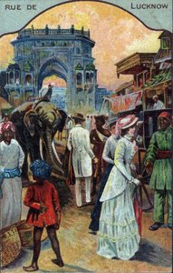 Turismens historie: Vestlige turister i en gade i Lucknow, Indien (vestlige turister i en gade i Lucknow, Indien) Kromolitografi af det 19. århundrede Privat samling af French School
