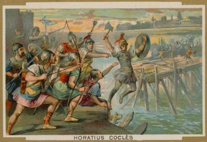 Horatius Cocles, romersk soldat, der forsvarede Pons Sublicius mod den invaderende hær af kongen af Clusium, 6. århundrede f.Kr. af French School