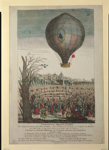 Varmluftsballoneksperiment af Montgolfier-brødrene og Francois Pilatre de Rozier (1754-85) i Lyon, 19. januar 1784 af French School