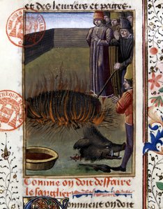 Hvordan man fælder en orne - i "" Jagtbog af Gaston Phoebus, greve af Foix, Lord of Bearn"" af French School