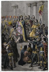 Hugh Capet valgt til konge - kroning af Hugues Capet (ca. 941-996), konge af Frankrig, 3. juli 987 i Noyon, af Adalberon (ca. 925-990), arkevek i Reims. af French School