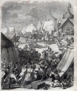 Hundredårskrig: Slaget ved Poitiers (1356). Indgravering i "" Pavernes historie (...) Dronningekongens og kejsernes forbrydelser gennem århundrederne" af Maurice Lachatre af French School