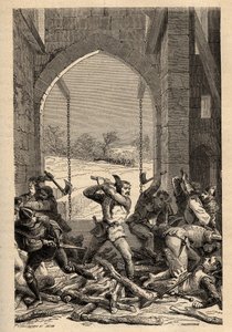 Hundredårskrig: "" La prize du Chateau de Grand Fougeray af Bertrand Du Guesclin (1320-1380) en 1356, Grand-Fougeray, Ille et Vilaine" (i 1356 under englændernes belejring af Rennes som en del af de hundrede år krig bertrand duguesclin udklædt af French School