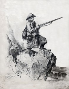 Jæger med sin hund. (tegning af French School