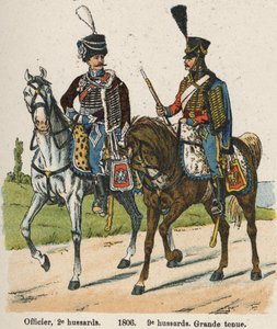 Husarernes 1. vendemiar An XII (24. september 1803): Officer, 2. husarer og 9. husarer i stor kjole i 1806. Tavle fra bogen Les Uniforms de l