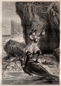 Jeg skød min spade i hans bryst: Woodes Rogers (1679-1732) angrebet af en marinehund (sæl) på en af Galapagos-øerne i Stillehavet i 1709 - illustration taget fra "The Great Mariners of the 18th century" af French School
