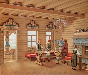 Idealiseret interiør af en russisk izba, ca. 1880 (farvegravering) af French School