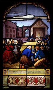 Ignace Le Garrec, vikarpræst i Kerlaz under revolutionen, fejrer en sidste sognemesse i en lade i Caouët, januar 1793 - farvet glas af St. Germain-kirken i Kerlaz af French School