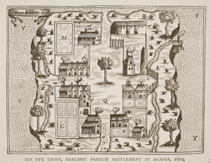 Ile Ste. Croix, den tidligste franske bosættelse i Acadia, 1604, fra Voyages af Samuel de Champlain (ca. 1580-1635), 1613 af French School