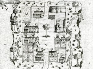 Ile Ste. Croix, den tidligste franske bosættelse i Acadia, 1604, fra Voyages af Samuel de Champlain (ca. 1580-1635), 1613 af French School