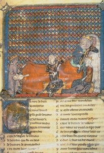 Oplyst side fra en antologi, der fra venstre mod højre viser Adenet le Roi, en minstrel for hertug Henrik; Greve Guy af Flandern; Marie, dronning af Frankrig og hustru til Filip den Dristige (1342-1404); og Mada af French School