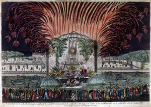 Belysning og fyrværkeri på Louis XV-pladsen i Paris i anledning af freden og indvielsen af kongens rytterstatue den 22. juni 1763. Privee Collection af French School