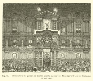 Belysning af Louvres gallerier til fødslen af ​​Monseigneur, hertugen af ​​Bourgogne, 25. august 1682 af French School