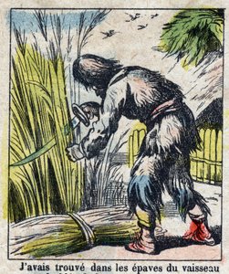Illustration til Daniel Defoes Bog (De foe) "" Robinson Crusoe"". Epinal billeddannelse fra slutningen af det 19. århundrede. af French School