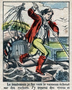 Illustration til Daniel Defoes Bog (De foe) "" Robinson Crusoe"". Epinal billeddannelse fra slutningen af det 19. århundrede. af French School