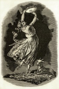 Illustration til "Notre-Dame de Paris" af Victor Hugo: Esmeralda danser og spiller tamburin ved siden af sin ged, begyndende det 20. århundrede (litho) af French School