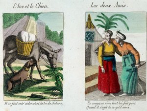 Illustration til fablerne af Jean de la Fontaine (1621-1695): venstre "" Æslet og hunden""" til højre "" Les deux amis""" Indgravering af det 19. århundrede. Musée La Fontaine, Chateau Thierry af French School