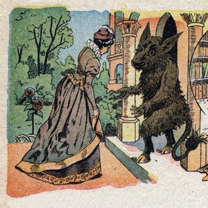 Illustration til fortællingen "La Belle et la Bete"": den smukke ankommer til Betes slot. Indgravering af Quinn-billeder, omkring 1890. af French School
